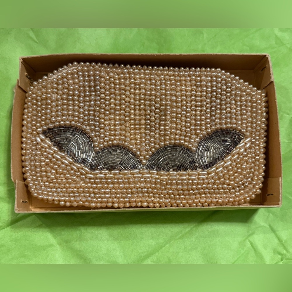 Miranda hand beaded Clutch made in Japan 7”W X 4.5”H Ivory & gray